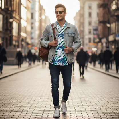 Good Wishes 365 Men's white short sleeve button shirt with abstract blue and green print. Made from recycled polyester.