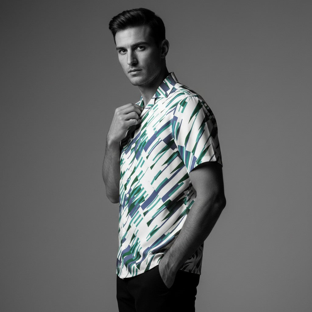 Good Wishes 365 Men's short sleeve button-up shirt with abstract blue, green, and white print. Lightweight, moisture-wicking.