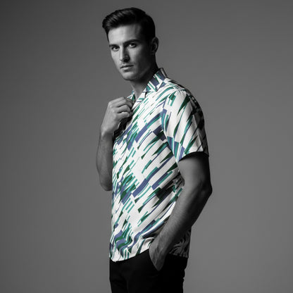 Good Wishes 365 Men's short sleeve button-up shirt with abstract blue, green, and white print. Lightweight, moisture-wicking.