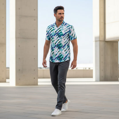 Good Wishes 365 Men's short sleeve button-up shirt with abstract blue, green, and white print. Lightweight, moisture-wicking.