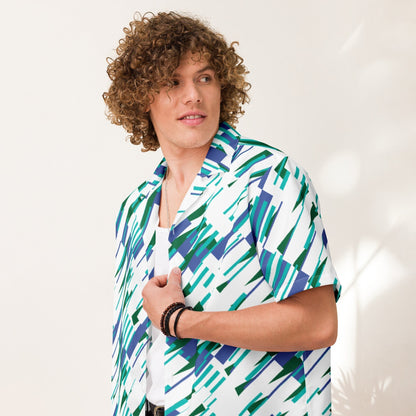 Good Wishes 365 Men's oversized short sleeve button-up shirt with abstract blue and green print, made from recycled polyester.
