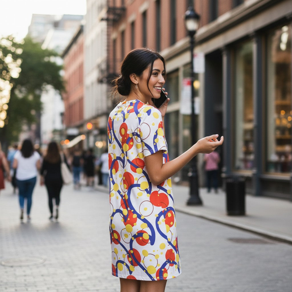 Good Wishes 365 white t-shirt dress with abstract blue, red, and yellow circle pattern. Oversize fit, dropped shoulders, and widened sleeves.