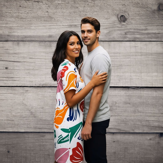 Good Wishes 365 white t-shirt dress with abstract colorful print, dropped shoulders, and oversized fit. Worn by a woman standing next to a man.