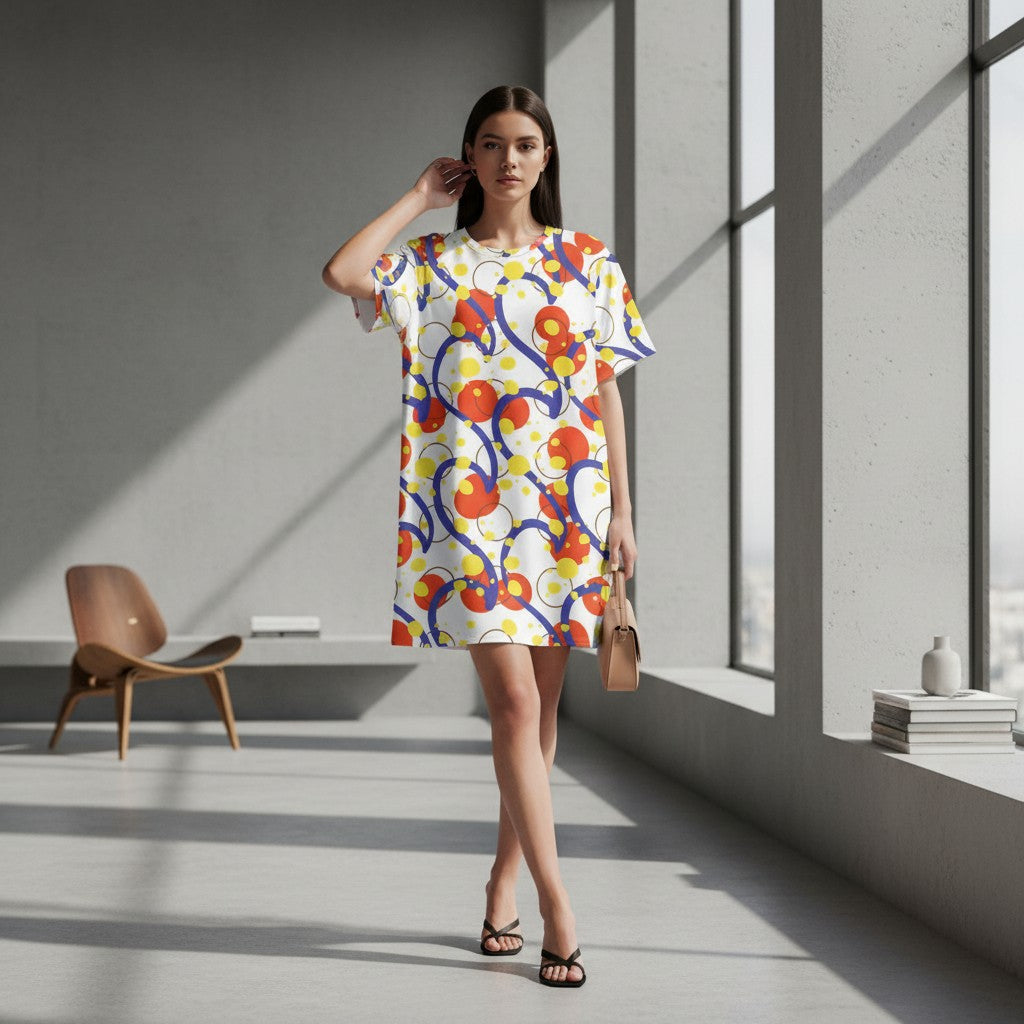 Good Wishes 365 white t-shirt dress with abstract blue, red, and yellow circle pattern. Comfortable oversize fit.