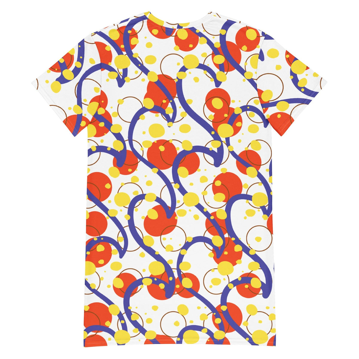 Good Wishes 365 abstract print t-shirt dress with red circles and blue curved lines on a white stretch fabric background.