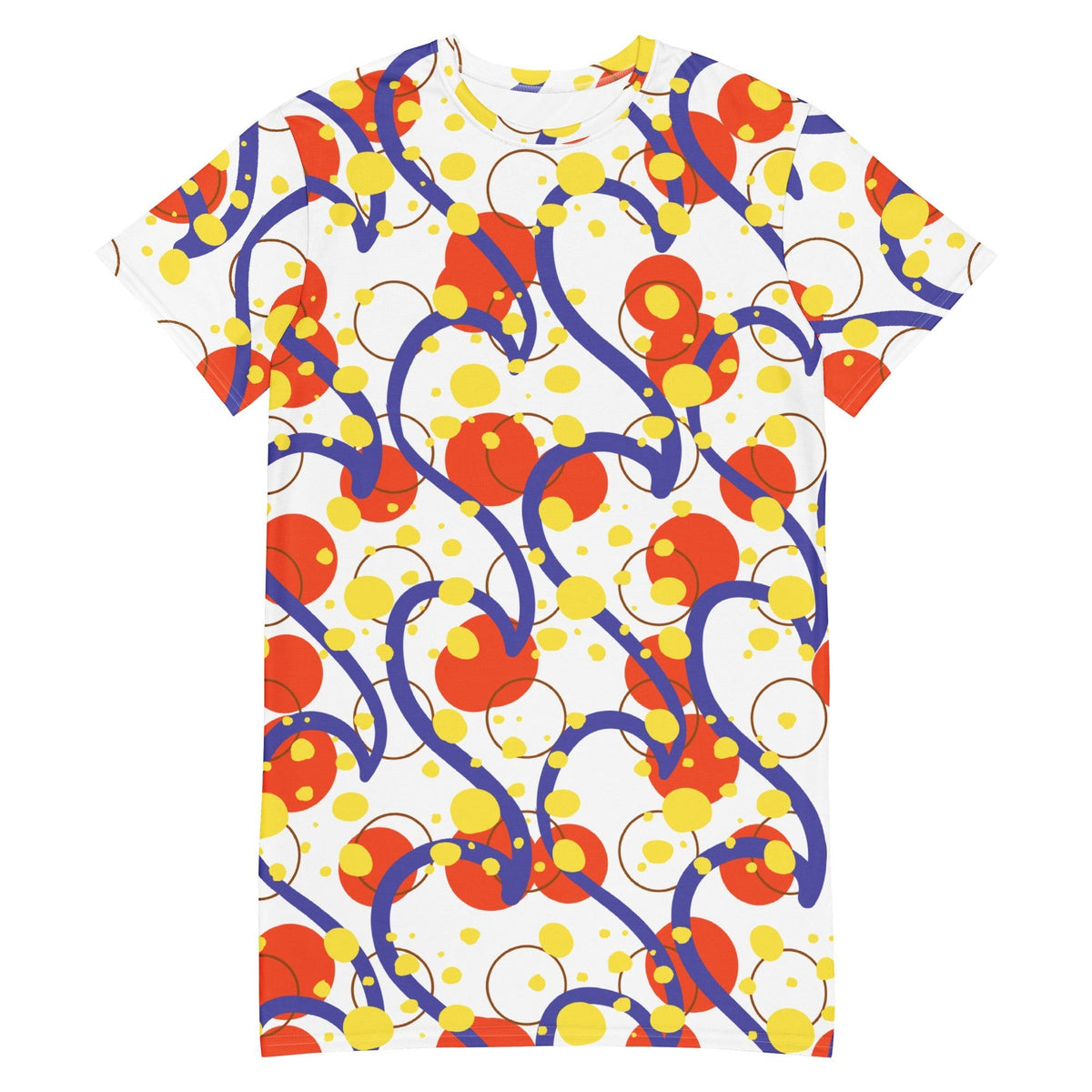 Good Wishes 365 oversized t-shirt dress featuring a white base with a vibrant red, yellow, and blue abstract print.
