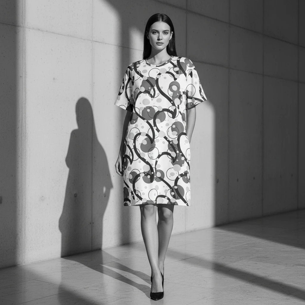 Good Wishes 365 black and white abstract print t-shirt dress with dropped shoulders and oversized fit.