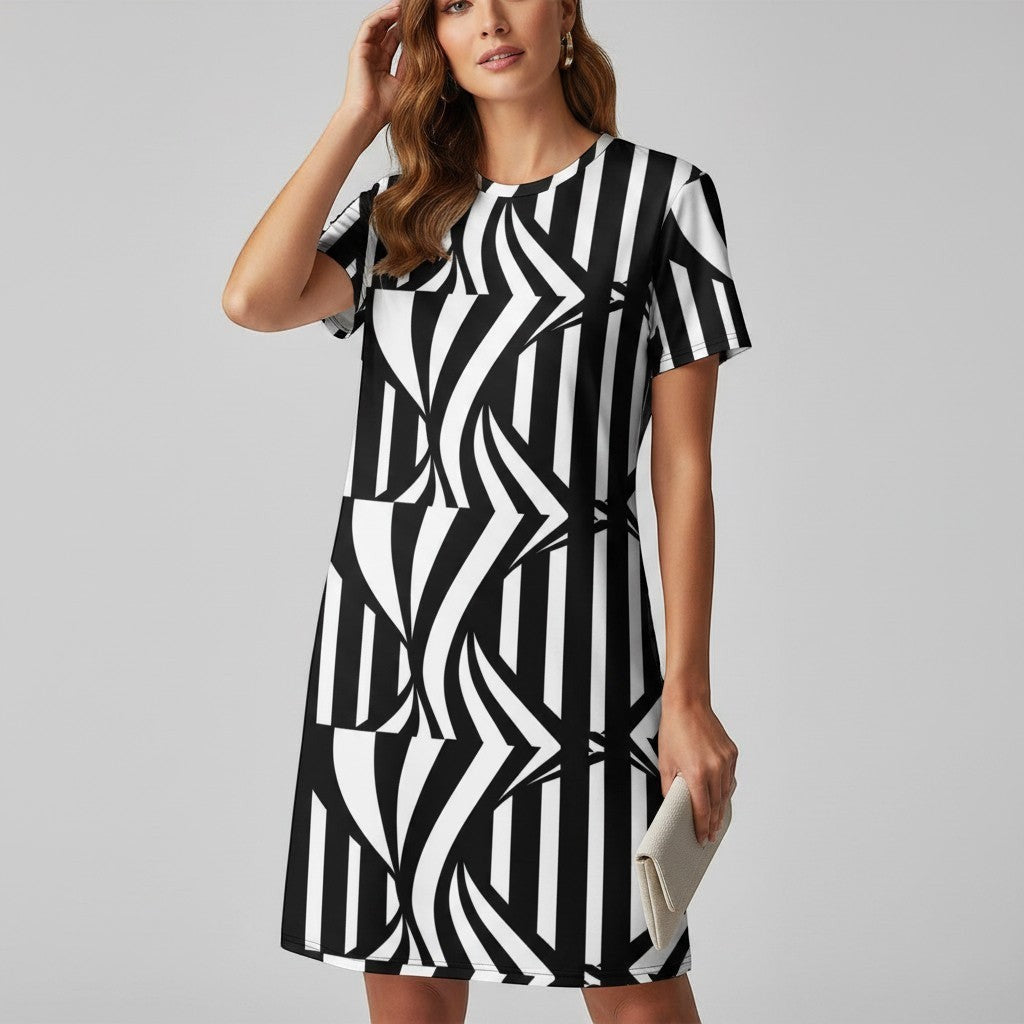 Good Wishes 365 black and white abstract stripe pattern t-shirt dress with dropped shoulders and relaxed fit.