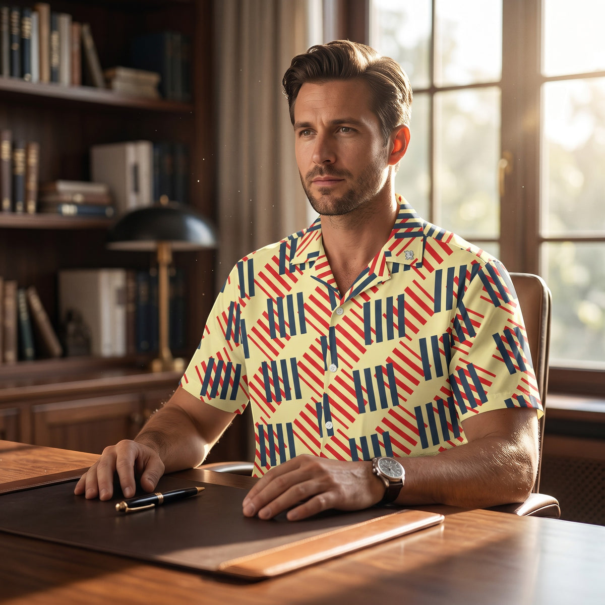 Good Wishes 365 men's short sleeve button down shirt with a geometric red, navy, and cream pattern and camp collar. All-over print, unisex button shirt.