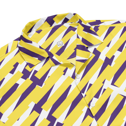 Good Wishes 365 short sleeve button down shirt featuring a vibrant yellow, purple, and white geometric pattern, product detail. 