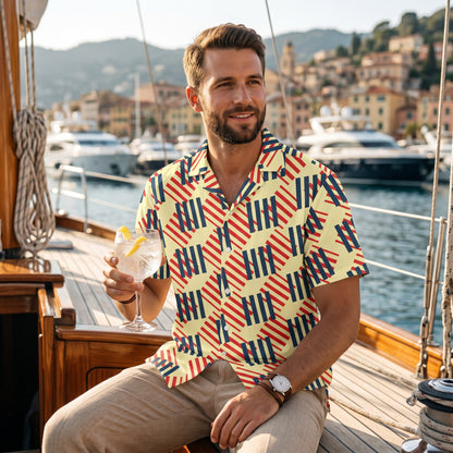 Good Wishes 365 men's short sleeve button down shirt with red and navy geometric pattern on a yacht deck. All-over print, unisex button shirt. 