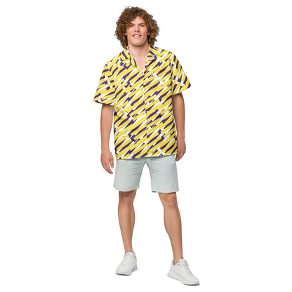 Good Wishes 365 short sleeve button down shirt with yellow and purple geometric print worn by a man with curly hair. All-over print, unisex button shirt, front view.