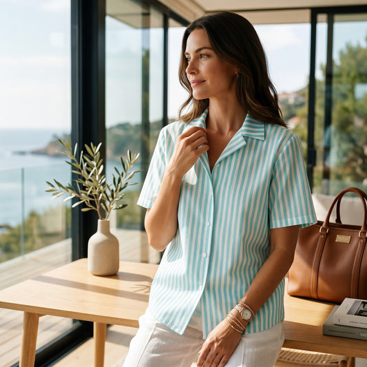 Good Wishes 365 mint and white candy stripe short sleeve button-up shirt with UPF50+ protection on a woman.