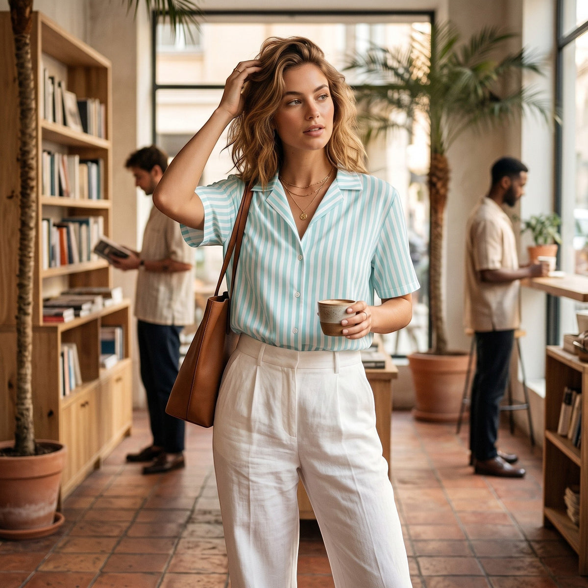 Good Wishes 365 all-over print light blue and white candy stripe short sleeve button-up shirt with UPF50+ protection worn by a woman.