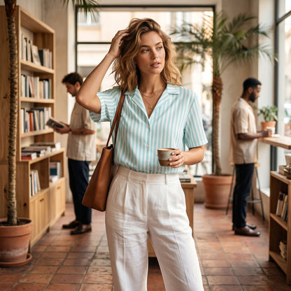 Good Wishes 365 all-over print light blue and white candy stripe short sleeve button-up shirt with UPF50+ protection worn by a woman.