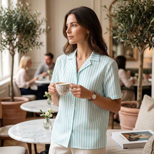 Good Wishes 365 mint and white candy stripe short sleeve button-up shirt with a camp collar, worn in a cafe setting.