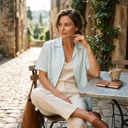 Good Wishes 365 mint and white candy stripe short sleeve button-up shirt with a camp collar worn by a woman outdoors.
