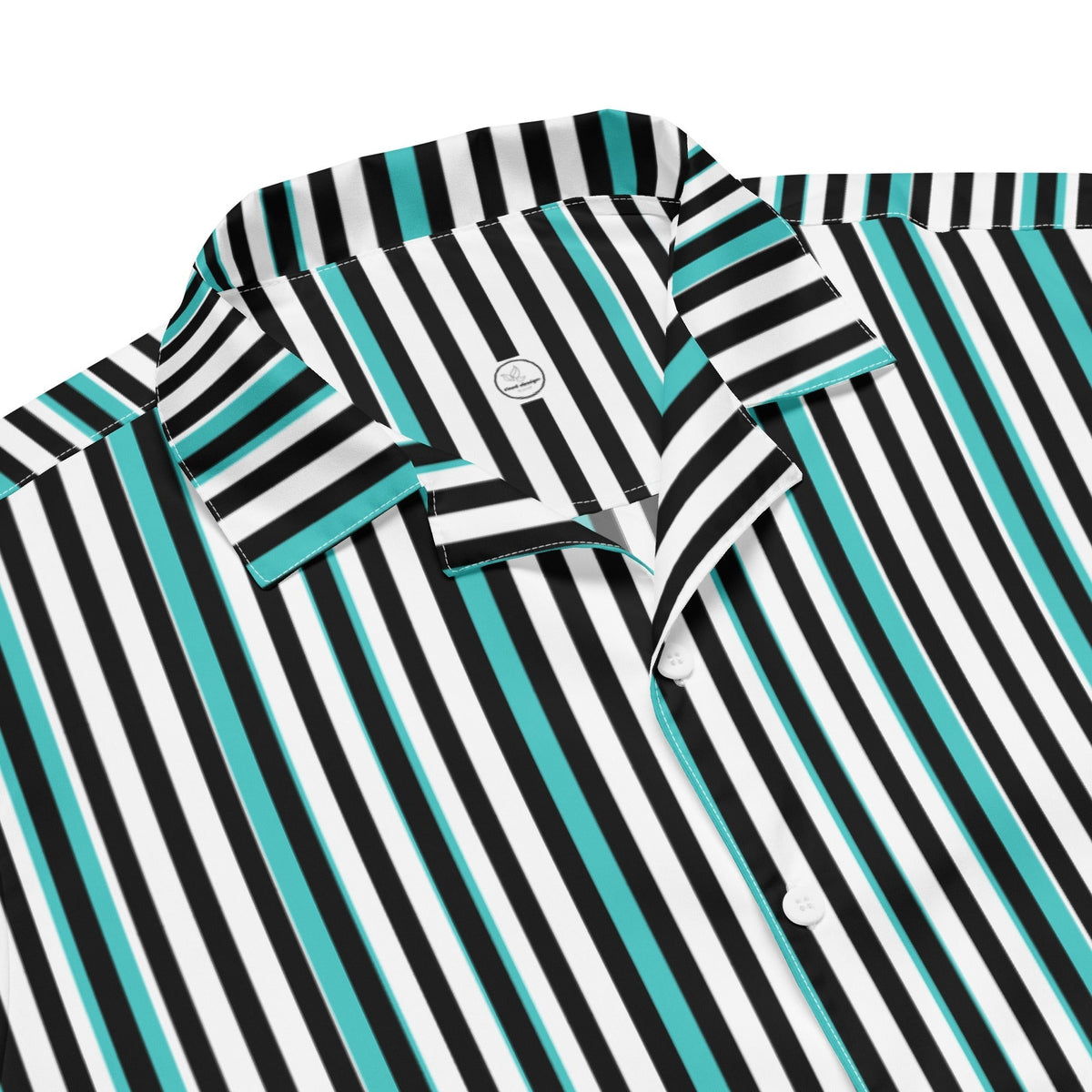 Good Wishes 365 teal, black, and white vertical striped short sleeve button-up shirt with a classic camp collar.