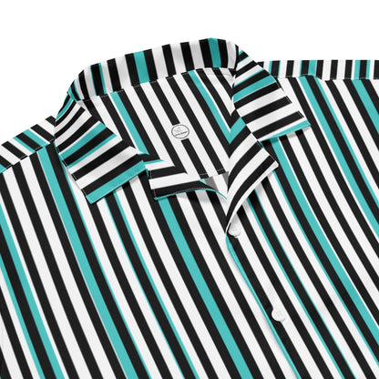 Good Wishes 365 teal, black, and white vertical striped short sleeve button-up shirt with a classic camp collar.