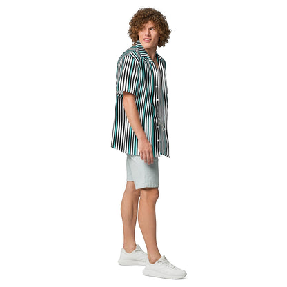 Good Wishes 365 teal striped short sleeve button-up shirt with UPF50+ protection worn by a model in profile view. All-over print, unisex button shirt, side view.