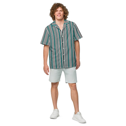 Good Wishes 365 men's teal, black, and white vertical striped short sleeve button-up shirt with a camp collar. All-over print, unisex button shirt, front view.