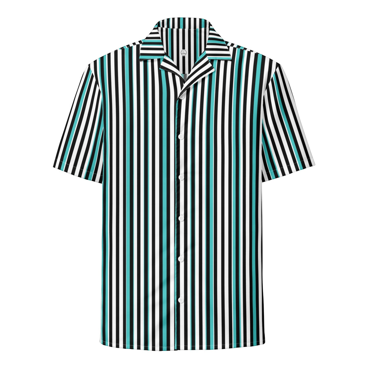 Good Wishes 365 men's teal, black, and white vertical striped short sleeve button-up shirt with a camp collar.