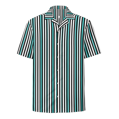 Good Wishes 365 men's teal, black, and white vertical striped short sleeve button-up shirt with a camp collar.