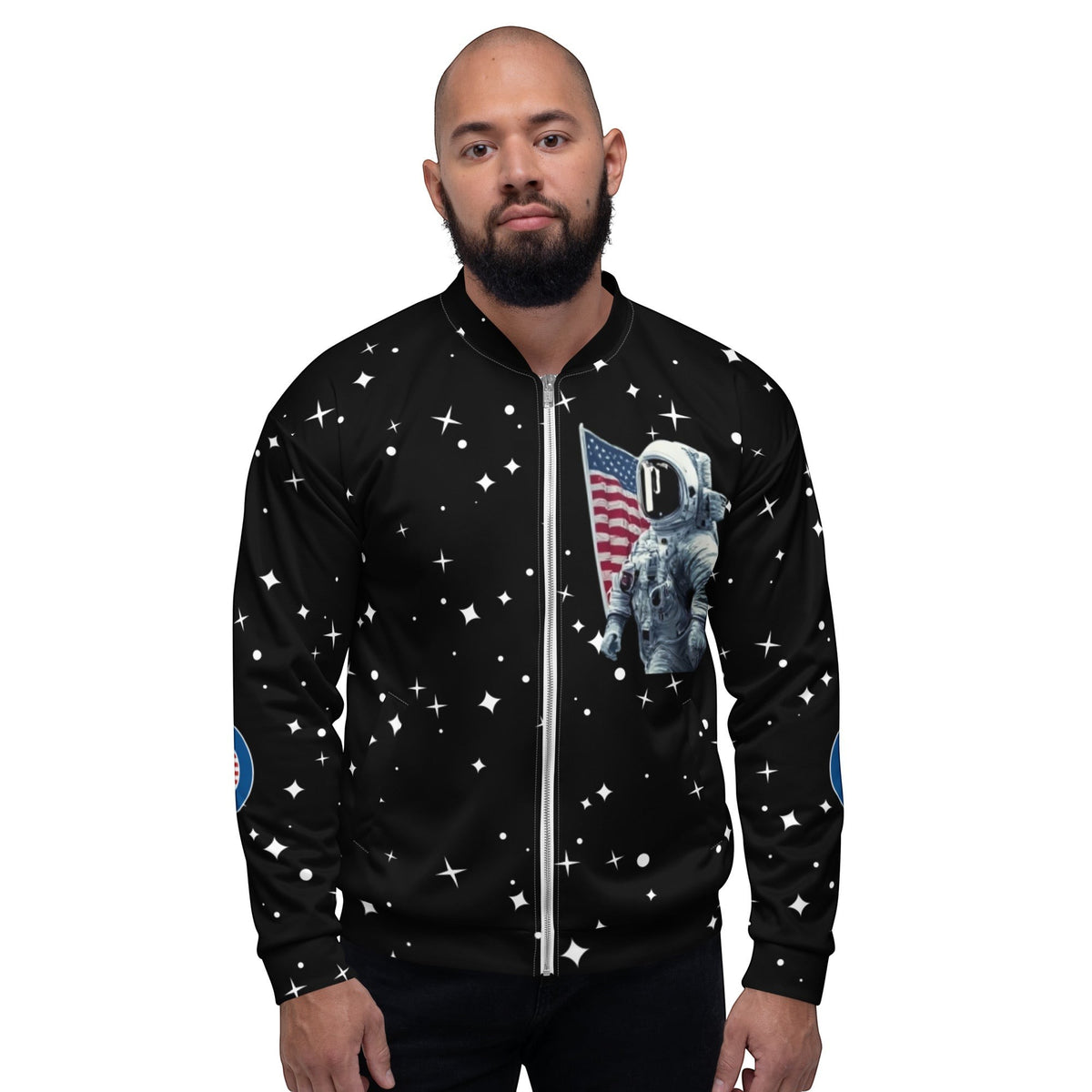 Good Wishes 365 unisex bomber jacket featuring a black space print with an astronaut and American flag graphic.