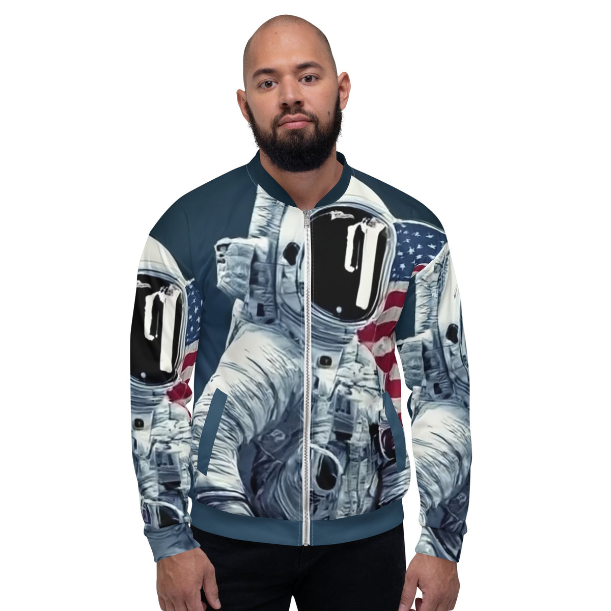 Good Wishes 365 astronaut graphic print bomber jacket with American flag detail worn by a man on a white background.