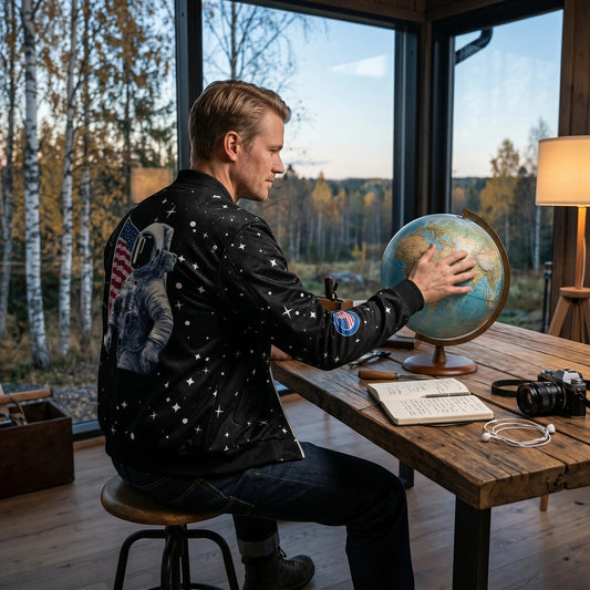 Good Wishes 365 black bomber jacket with astronaut and moon landing print worn by a man looking at a globe.