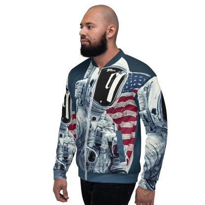Good Wishes 365 astronaut graphic print bomber jacket with American flag detail worn by a man in profile view