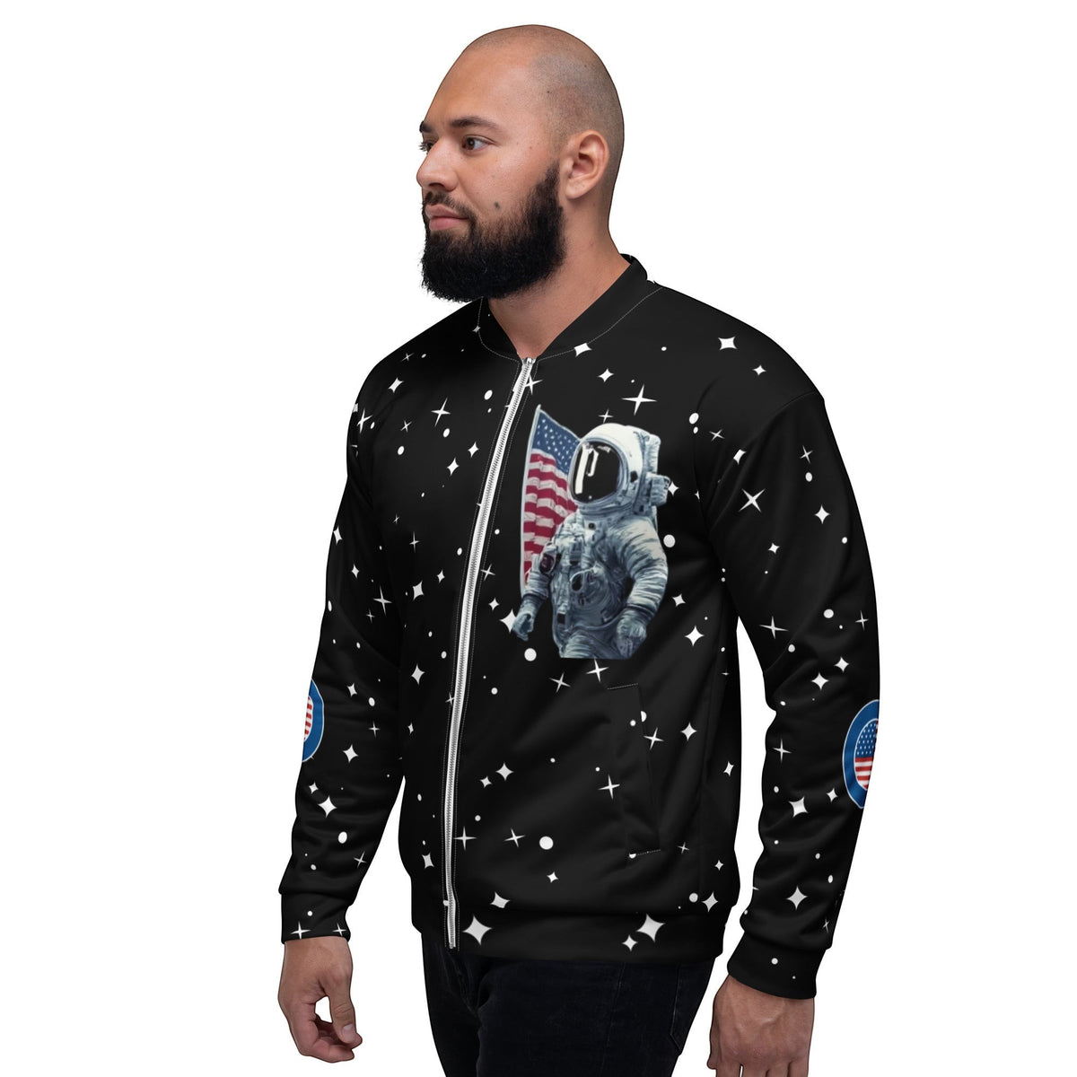 Good Wishes 365 black unisex bomber jacket featuring a retro astronaut and American flag print with star patterns.