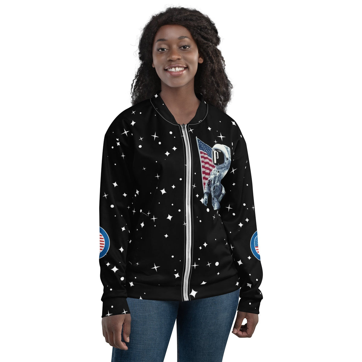 Good Wishes 365 unisex bomber jacket featuring a black space print with an astronaut, stars, and US flag design.