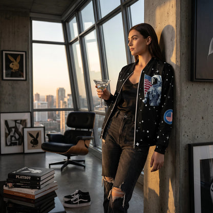 Good Wishes 365 black bomber jacket with astronaut and moon landing print, worn by a woman in a modern city apartment.