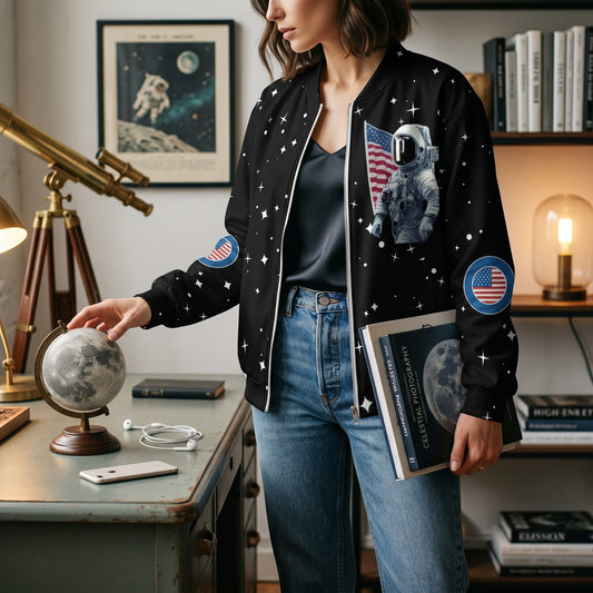 Good Wishes 365 unisex bomber jacket with black space print, astronaut, and stars, worn by a woman in a study.