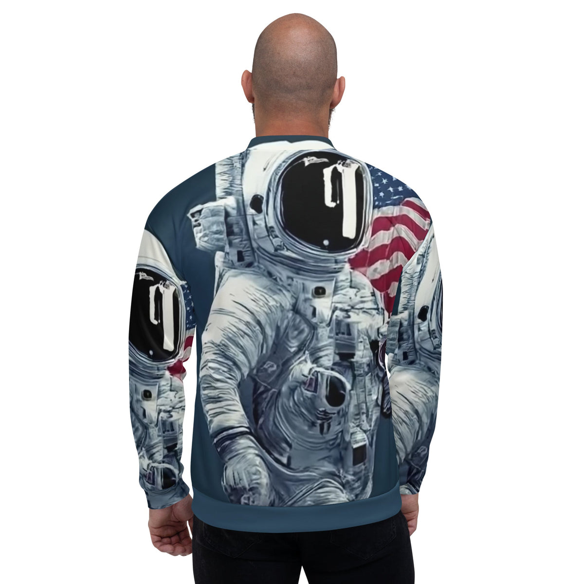 Good Wishes 365 bomber jacket featuring a detailed astronaut and American flag graphic print on the back