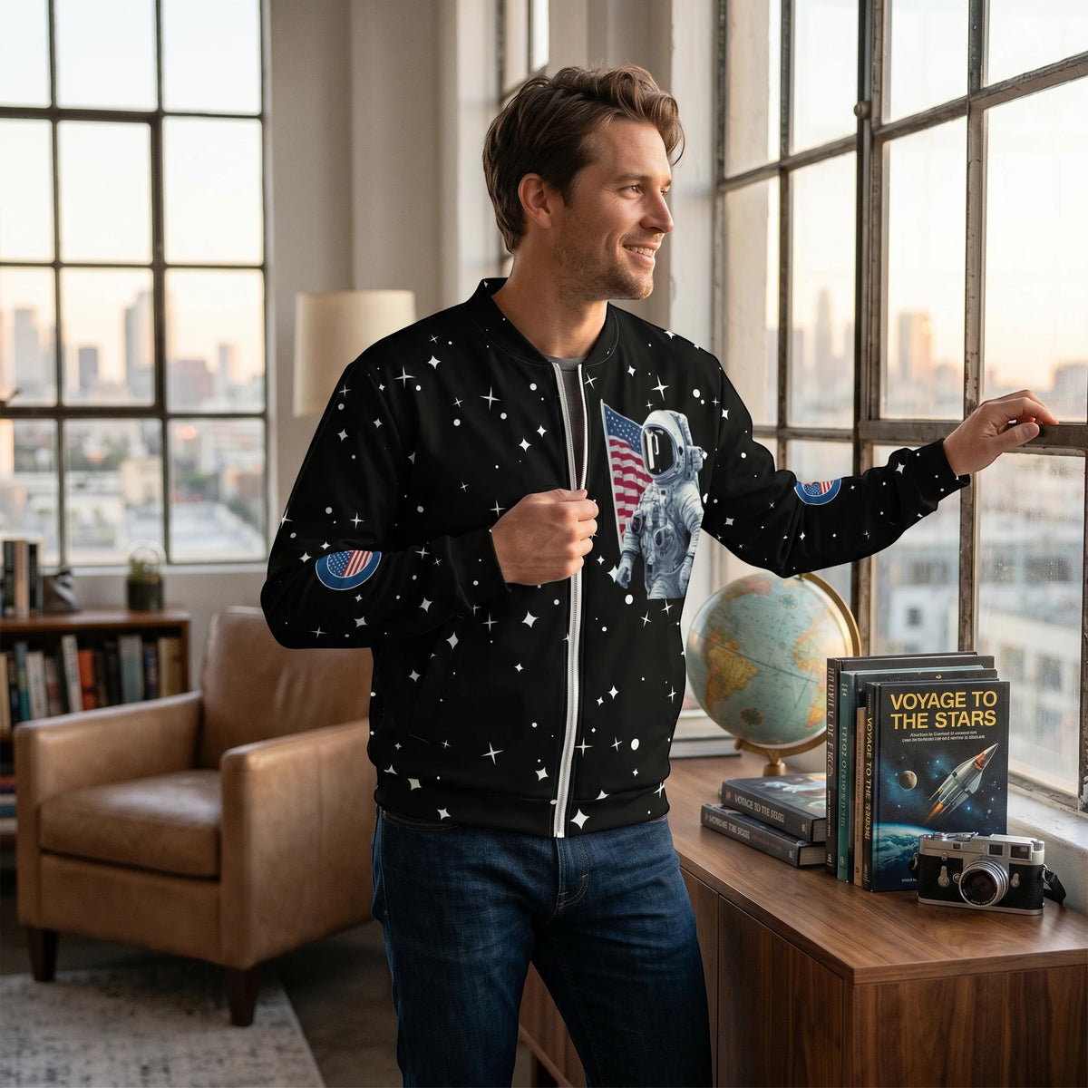 Good Wishes 365 black bomber jacket with astronaut and star print worn by a man standing by a window.