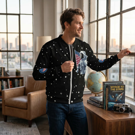 Good Wishes 365 black bomber jacket with astronaut and star print worn by a man standing by a window.