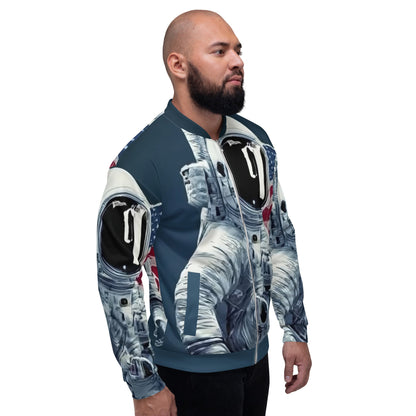 Good Wishes 365 astronaut graphic print bomber jacket with American flag detail worn by a man in profile view.