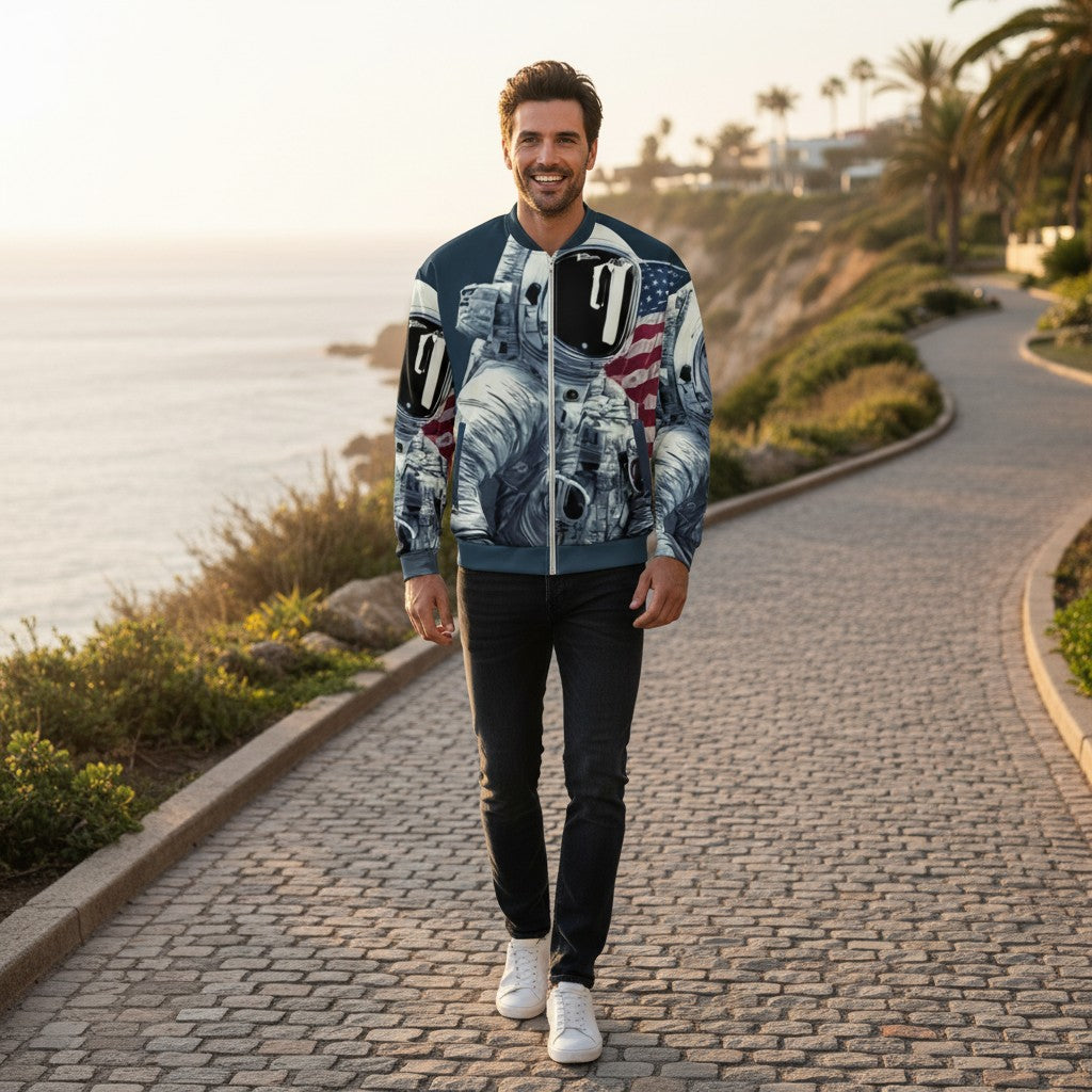 Good Wishes 365 astronaut graphic print bomber jacket in blue with American flag detail worn by a man on a coastal path