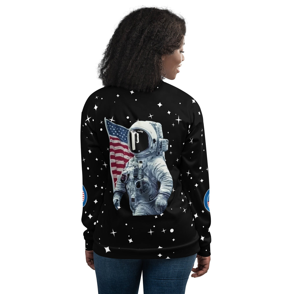Good Wishes 365 unisex bomber jacket with a black space print featuring an astronaut and American flag on the back