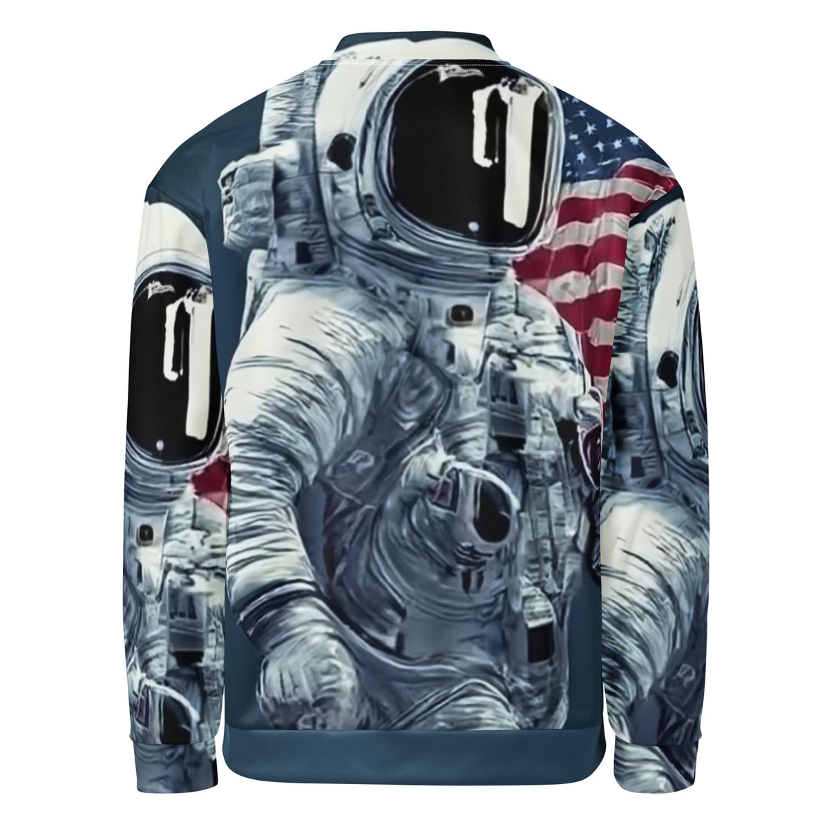 Good Wishes 365 bomber jacket featuring a blue astronaut and American flag graphic print on the back