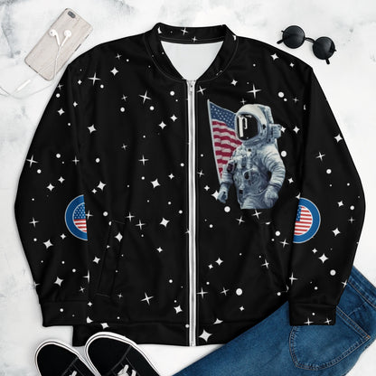 Good Wishes 365 black bomber jacket featuring an astronaut and American flag print with a retro star pattern.