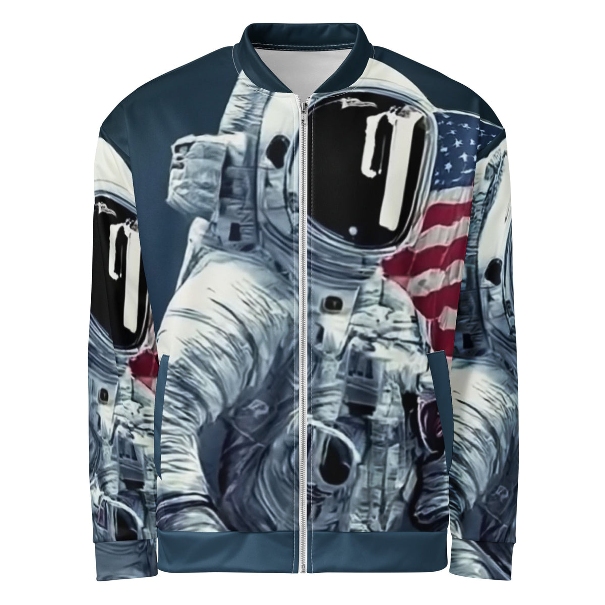 Good Wishes 365 astronaut graphic print bomber jacket in deep blue with American flag detail and full zip closure.