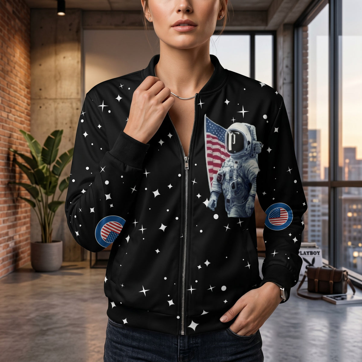 Good Wishes 365 unisex bomber jacket featuring a black space print with an astronaut, stars, and American flag.