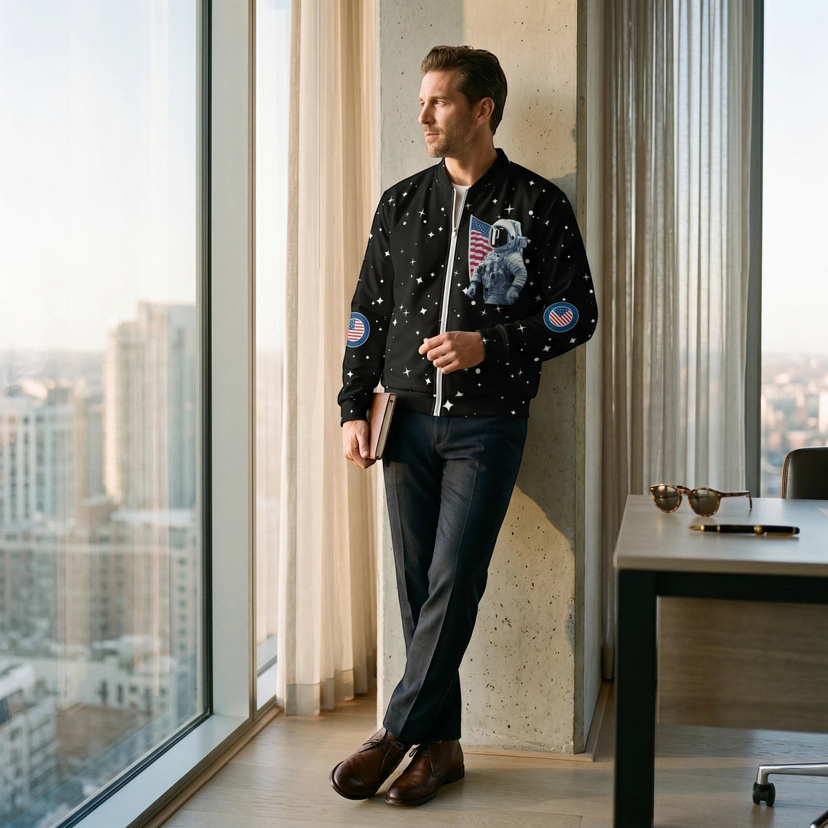 Good Wishes 365 black bomber jacket with astronaut and star print worn by a man standing in a modern office.