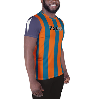 Good Wishes 365 men's athletic t-shirt with blue and orange vertical stripes and Power graphic on moisture-wicking fabric