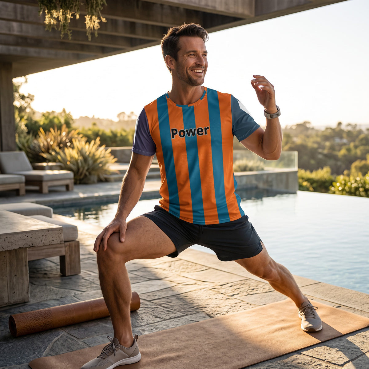 Good Wishes 365 men's athletic t-shirt with cerulean blue and mango orange stripes and Power graphic worn by a man