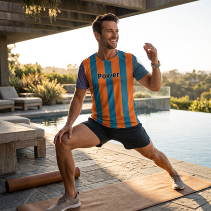 Good Wishes 365 men's athletic t-shirt with cerulean blue and mango orange stripes and Power graphic worn by a man