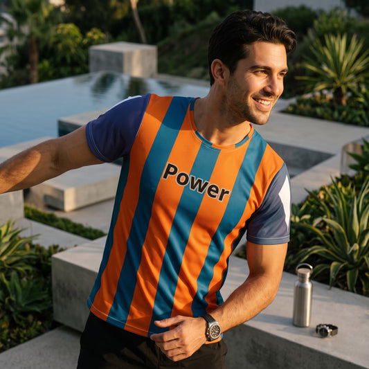 Good Wishes 365 men's athletic t-shirt with cerulean blue and mango orange stripes and Power graphic, worn by a man.